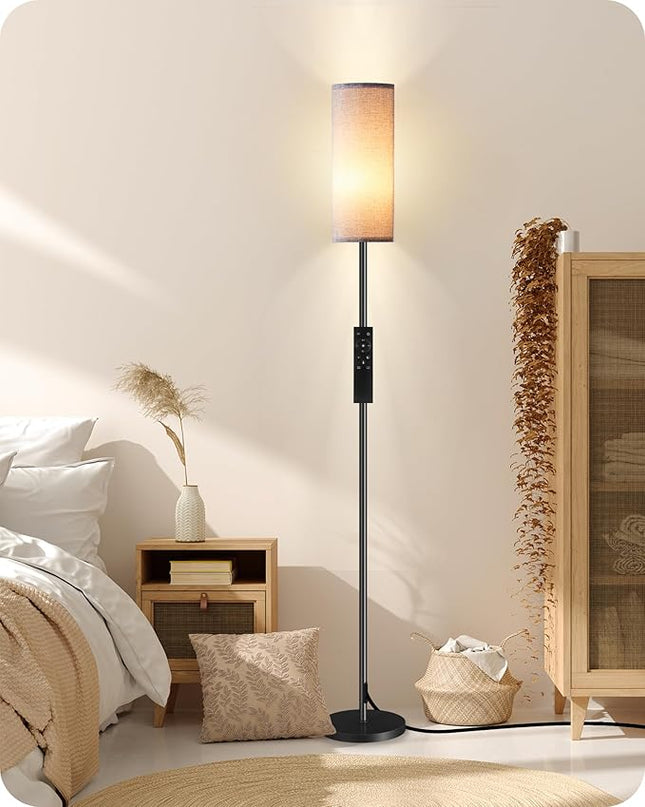 Dimmable Floor Lamp for Living Room, Corner Floor Lamp with Remote, 66'' Standing Tall Lamp, Linen Lampshade, 10W 800LM LED Bulb for Bedroom Study, FCC Listed, Black and Gray H06LD05 - LeafyLoom