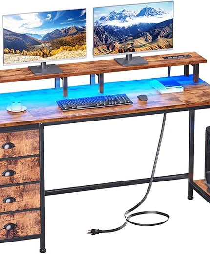 Furologee 55in Computer Desk with 4 Drawers, LED Gaming Desk with Power Outlets, Office Desk with Full Monitor Stand and Storage Shelf, Study Work Desk for Home Office Bedroom, Rustic Brown - LeafyLoom
