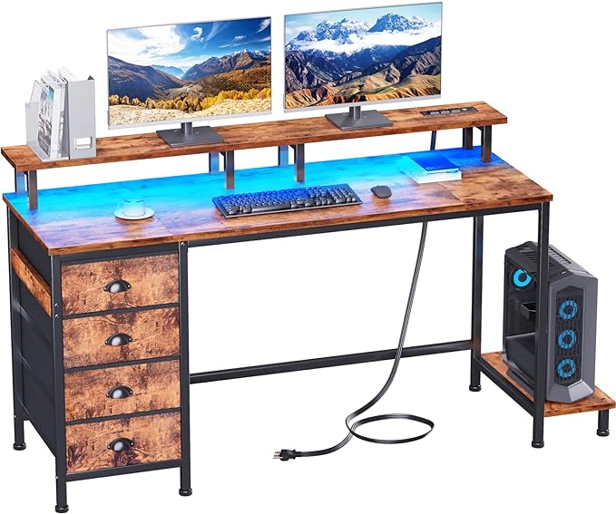 Furologee 55in Computer Desk with 4 Drawers, LED Gaming Desk with Power Outlets, Office Desk with Full Monitor Stand and Storage Shelf, Study Work Desk for Home Office Bedroom, Rustic Brown - LeafyLoom