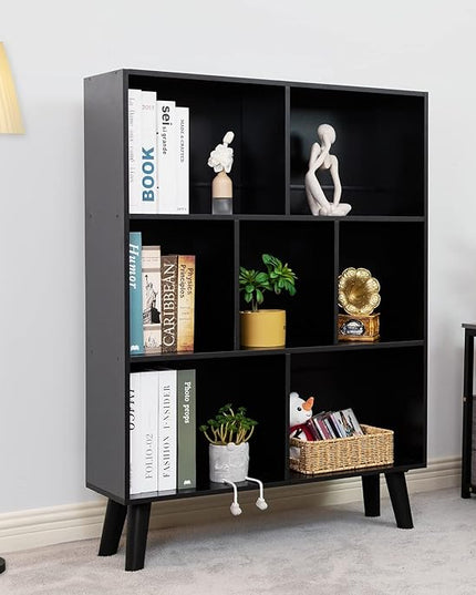 YAHARBO Black Bookshelf,3 Tier Modern Bookcase with Legs,Bookshelves Wood Storage Shelf, Open Book Shelves Cube Organizer,Freestanding Short Bookcases - LeafyLoom
