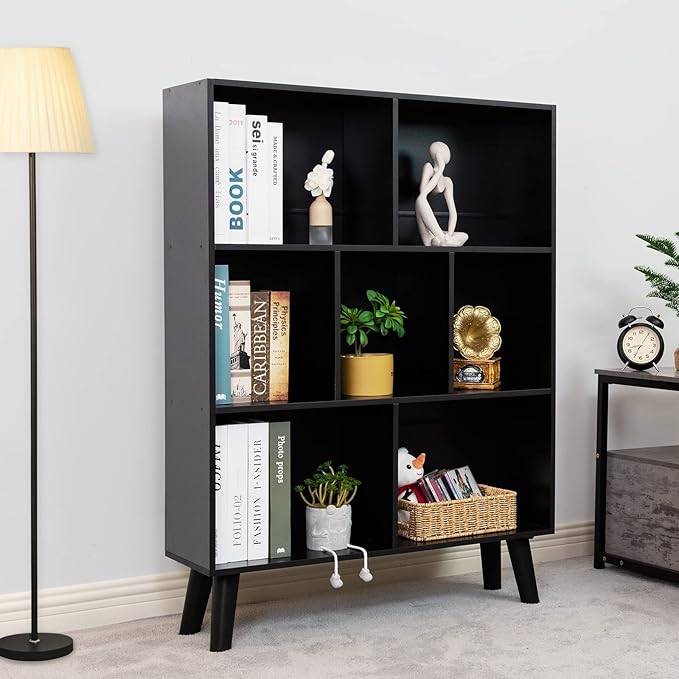 YAHARBO Black Bookshelf,3 Tier Modern Bookcase with Legs,Bookshelves Wood Storage Shelf, Open Book Shelves Cube Organizer,Freestanding Short Bookcases - LeafyLoom