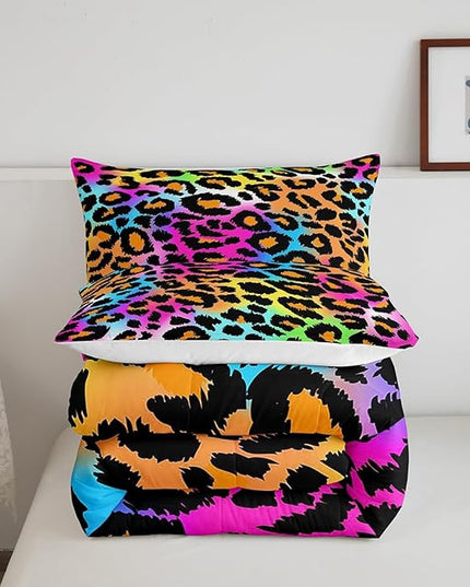 Leopard Print Comforter Set for Girls Kids Women Neon Rainbow Leopard Fur Bedding Set Mottled Exotic Panthera Skin Comforter Room Decor Colorful Camouflage Safari Theme Duvet Set King Size Quilt Set - LeafyLoom