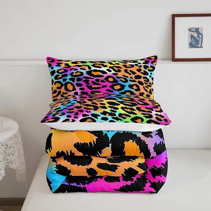 Leopard Print Comforter Set for Girls Kids Women Neon Rainbow Leopard Fur Bedding Set Mottled Exotic Panthera Skin Comforter Room Decor Colorful Camouflage Safari Theme Duvet Set King Size Quilt Set - LeafyLoom