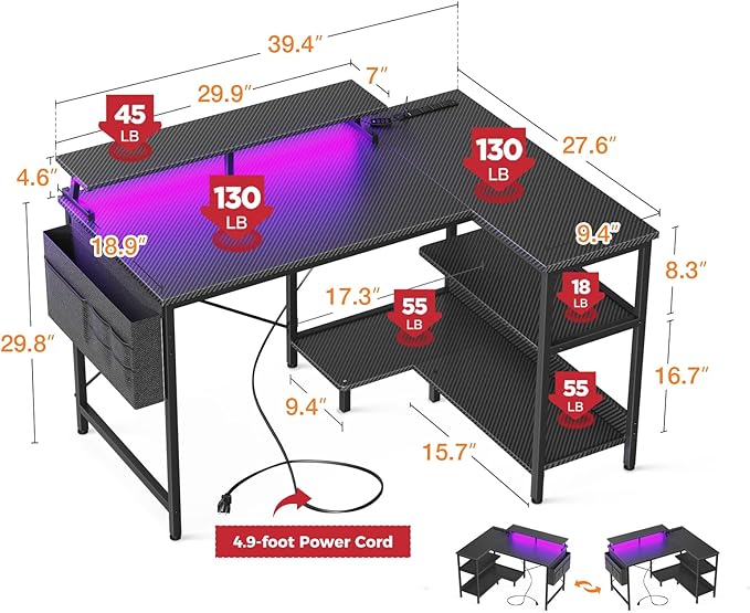 ODK 40 Inch Gaming Desk with USB Power Outlets and LED Lights, Reversible L Shaped Computer Desk with Storage Shelves & Monitor Stand, Corner Home Office Desk Table, Carbon Fiber Surface, Black - LeafyLoom