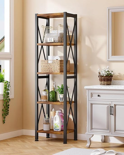 5-Tier Narrow Bookshelf, Ladder Bookshelf, Tall Bookshelf for Bedroom with Open Shelves, Office Bookshelf, Industrial Standing Bookshelf for Bedroom, Living Room and Home Office - LeafyLoom