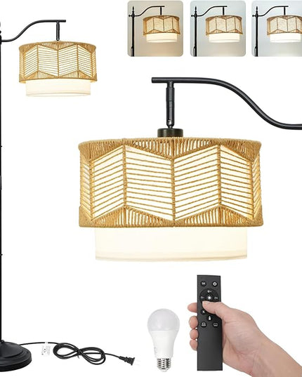 Frideko Boho Floor Lamp with Remote Control & Dimmable LED Bulb, Rattan Standing Lamp with 3 Color Temperatures, Bright Farmhouse Floor Light, Rustic Corner Floor Lamp, Tall Floor Lamp for Living Room - LeafyLoom