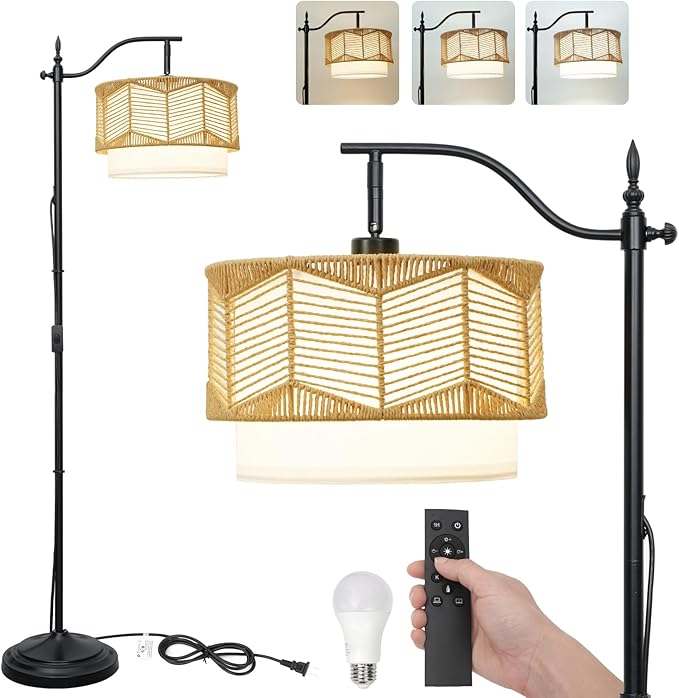 Frideko Boho Floor Lamp with Remote Control & Dimmable LED Bulb, Rattan Standing Lamp with 3 Color Temperatures, Bright Farmhouse Floor Light, Rustic Corner Floor Lamp, Tall Floor Lamp for Living Room - LeafyLoom