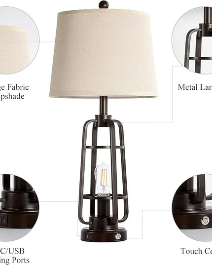 28.7" Farmhouse Table Lamps for Living Room Set of 2, 3-Way Dimmable Touch Lamps with USB A+C Ports, Rustic Industrial Nightstand Lamps for Bedroom, Bulbs Included - LeafyLoom