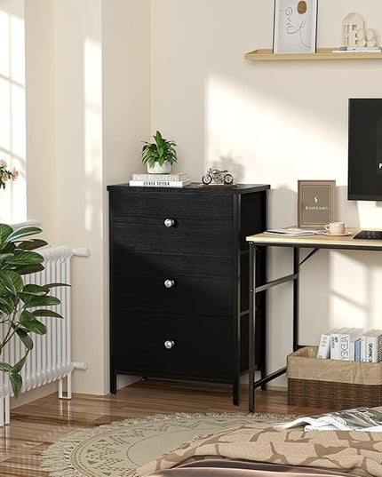 BOLUO Black Night Stand with 3 Drawer Dresser for Bedroom,Tall Nightstand Small Chest of Drawers for Closet Dorm Modern - LeafyLoom