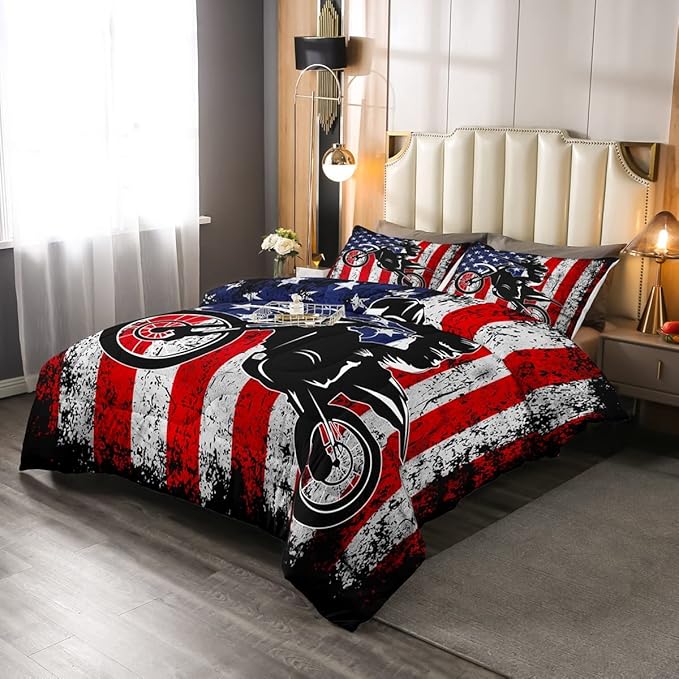 Dirt Bike Comforter Set Twin Motocross Comforter Retro American Flag Bedding Set for Kids Boys Teens Men Grunge Room Decor,Extreme Sports Tie Dye Bed Set Motor Biker Motorcycle Quilt Duvet Set 2 Pcs - LeafyLoom
