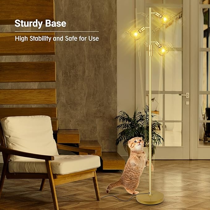 Gold Floor Lamp, Industrial Floor Lamp, Modern Standing lamp with 3 Adjustable Light, 4W E12 LED Bulbs, Metal Stand Up Lamps, Vintage Farmhouse Tree Floor Lamps for Living Room/Bedroom/Office - LeafyLoom