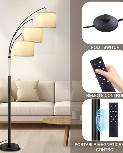 Arc Floor Lamp for Living Room with Remote Control, Dimmable Modern Mid Century 3 Lights Arched Tall Floor Lamp, Adjustable Standing Corner Lamp for Living Room Bedroom Office (Black+White Shade) - LeafyLoom