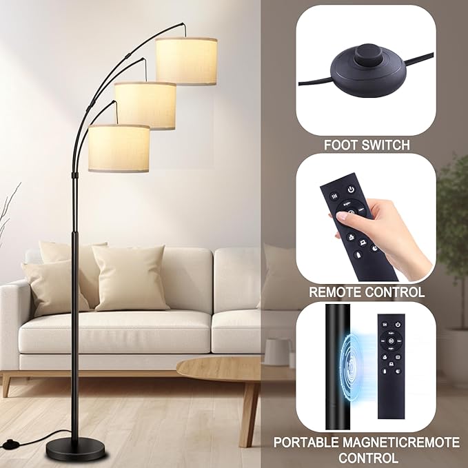 Arc Floor Lamp for Living Room with Remote Control, Dimmable Modern Mid Century 3 Lights Arched Tall Floor Lamp, Adjustable Standing Corner Lamp for Living Room Bedroom Office (Black+White Shade) - LeafyLoom