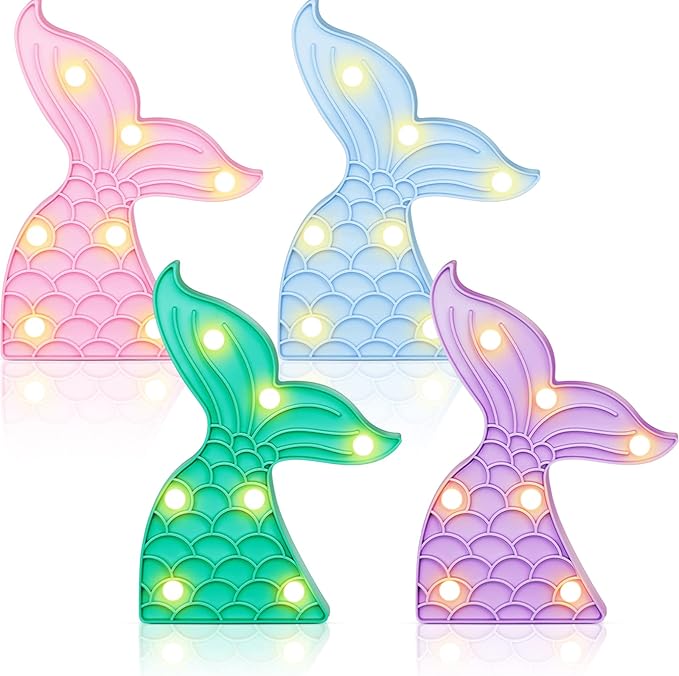 4 Pcs Cute Mermaid Tail Night Light Mermaid Party Supplies Birthday Party Decor Mermaid Lamp Battery Operated LED Light for Table Wall Bedrooms Living Room for Girl Boy Kid Gifts, 4 Colors - LeafyLoom
