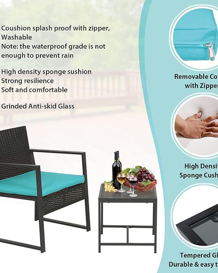 FDW 3 Piece Outdoor Bistro Set Patio Furniture Sets Wicker Patio Chairs Rattan Outdoor Furniture for Backyard Porch Poolside Lawn,Blue Cushion - LeafyLoom