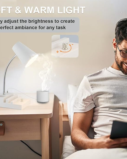 Study Desk Lamp with USB Charging and Type-C Night Light, Gooseneck LED Table Lamp Stepless Dimming Study Table Lamp with Pen Holder for College Dorm Bedroom and Office (White) - LeafyLoom