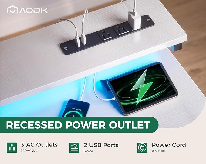 AODK Gaming Desk with LED Lights & Power Outlet, 40 Inch Computer Desk with Drawer, Reversible Desk with Adjustable Monitor Shelf & Headphone Hook for Home Office, White - LeafyLoom