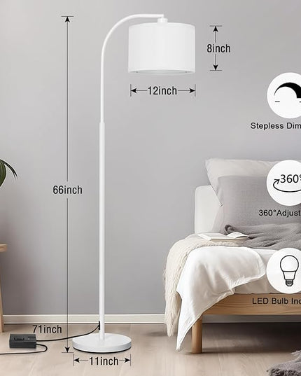 Floor lamps for Living Room, White Arc Floor Lamp with Stepless Dimmer, Modern Standing Lamp with Adjustable Drum Shade, Tall Pole Lamp for Bedroom Study Room Office, 9W 3000K LED Bulb Included - LeafyLoom