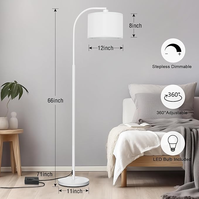 Floor lamps for Living Room, White Arc Floor Lamp with Stepless Dimmer, Modern Standing Lamp with Adjustable Drum Shade, Tall Pole Lamp for Bedroom Study Room Office, 9W 3000K LED Bulb Included - LeafyLoom