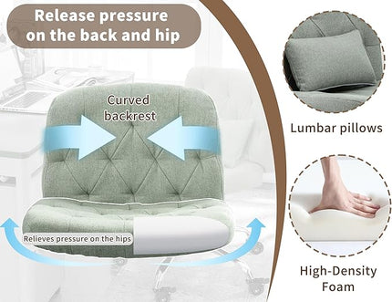 Criss Cross Chair with Wheels, Comfy Fabric Cross Legged Office Chair for Adult, Armless Wide Seat Desk Chair with Lumbar Pillow,Swivel Vanity Chair for Home Office, Conference (Sage Green) - LeafyLoom