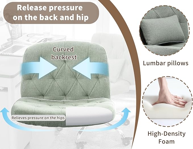 Criss Cross Chair with Wheels, Comfy Fabric Cross Legged Office Chair for Adult, Armless Wide Seat Desk Chair with Lumbar Pillow,Swivel Vanity Chair for Home Office, Conference (Sage Green) - LeafyLoom