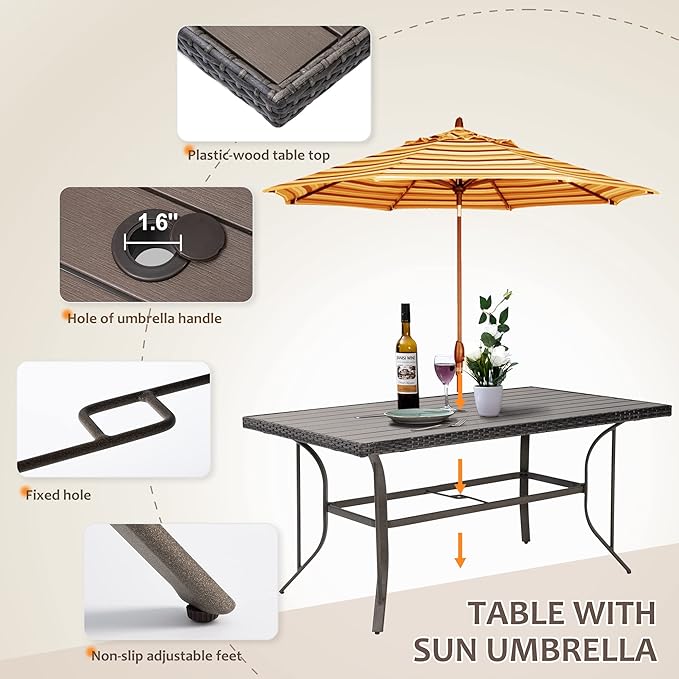 Patio Dining Set for 6, 7 PCS Patio Table & Chair Set, Metal Slatted Table with 2" Umbrella Hole, All-Weather Wicker Patio Dining Furniture with Removable Cushions for Deck, Lawn, Garden(Beige) - LeafyLoom