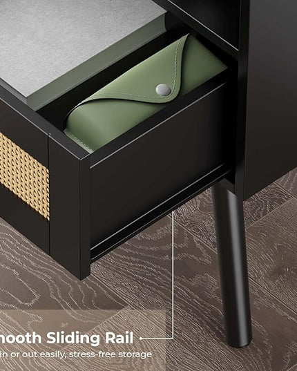 SUPERJARE Nightstand with Charging Station & Rattan-Like Decor Drawer, Rattan End Table with Solid Wood Feet, Bed Side Table with Open Storage, for Bedroom, Living Room, Dormitory - Black - LeafyLoom