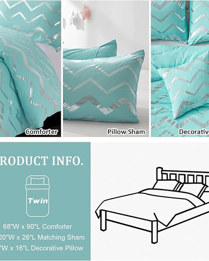 Aqua Comforter Set Twin Size, Metallic Teal and Silver Bedding Set, 3 Piece Lightweight Microfiber Comforter for Teen Girls Boys Women (1 Pillow Case + 1 Decorative Pillow Sham) - LeafyLoom