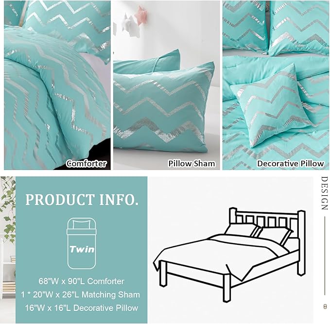 Aqua Comforter Set Twin Size, Metallic Teal and Silver Bedding Set, 3 Piece Lightweight Microfiber Comforter for Teen Girls Boys Women (1 Pillow Case + 1 Decorative Pillow Sham) - LeafyLoom