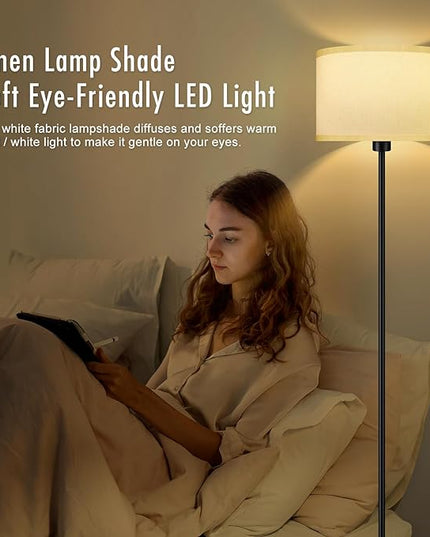 Floor Lamps for Living Room, Modern Standing Lamp with 3 Color Temperatures(9W Bulb), White Linen Lampshade, Foot Switch, Simple Reading Floor Lamps Tall Lamps for Bedroom/Office/Nightstand/Classroom - LeafyLoom