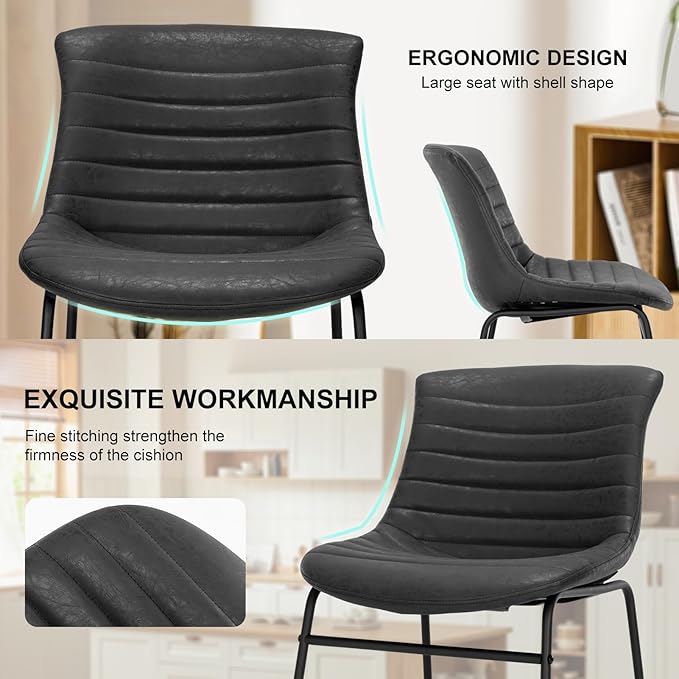 Faux Leather Dining Chairs,20 Inch PU Leather Dining Chairs Set of 2 with Backrest and Metal Leg,Mid Century Modern Chair,Black Upholstered Dining Chairs for Kitchen Living Room Outdoor Lounge - LeafyLoom