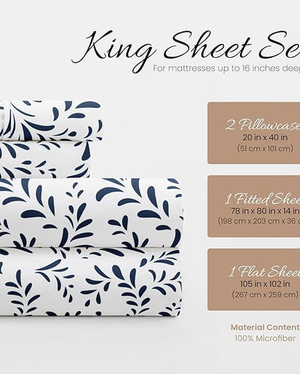 Linen Market Easy Care Double Brushed Microfiber 16" Deep Pocket 4 Piece Bed Sheet Set, Burst of Vines Navy, King - LeafyLoom