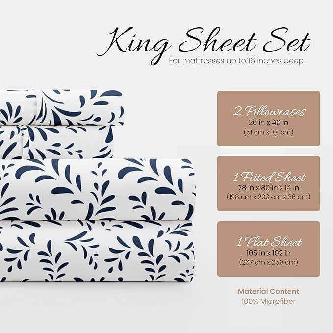 Linen Market Easy Care Double Brushed Microfiber 16" Deep Pocket 4 Piece Bed Sheet Set, Burst of Vines Navy, King - LeafyLoom
