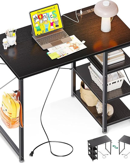 AODK Laptop Desk Small Desk, 32 Inch Computer Desk with Power Outlet and USB & Type-C Charging Port, Writing Desk with 3-Tier Reversible Storage Shelf for Home Office, 32'' x 16'', Black - LeafyLoom