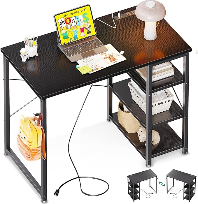 AODK Laptop Desk Small Desk, 32 Inch Computer Desk with Power Outlet and USB & Type-C Charging Port, Writing Desk with 3-Tier Reversible Storage Shelf for Home Office, 32'' x 16'', Black - LeafyLoom