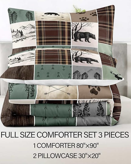LUVIVIHOME 3PCS Farmhouse Cabin Comforter Set, Brown Plaid Patchwork Sage Green Full Size Comforter, Black Bear Deer Moose Woodland Forest Animal Wildlife Lodge Country Rustic Bedding, 2 Pillow Shams - LeafyLoom