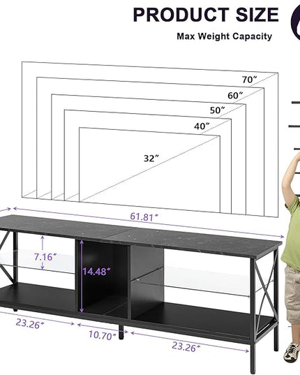 Clikuutory 63 Inch Marble Texture TV Stand with LED Lights for 40 50 55 60 65 70 Inch TVs, 3Tier Modern Metal Television Stands with Entertainment Center and Storage for Living Room, Bedroom, Black - LeafyLoom