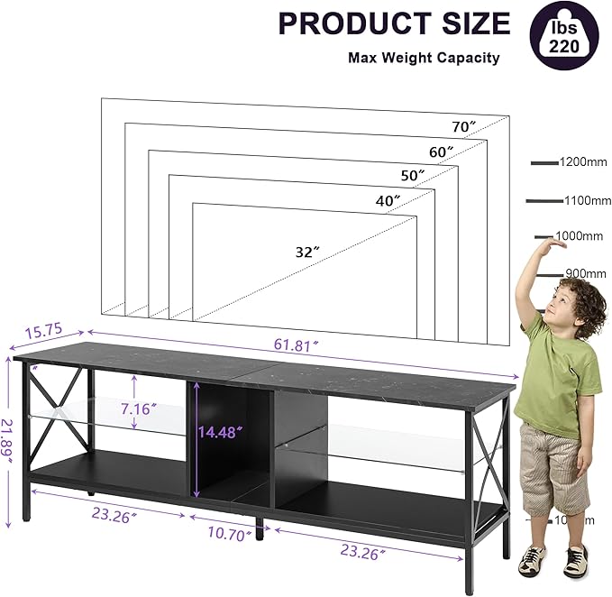 Clikuutory 63 Inch Marble Texture TV Stand with LED Lights for 40 50 55 60 65 70 Inch TVs, 3Tier Modern Metal Television Stands with Entertainment Center and Storage for Living Room, Bedroom, Black - LeafyLoom
