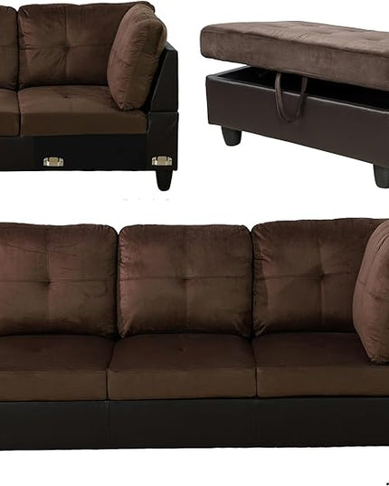 L Shaped Sofa with Ottoman Modern Sectional Living Room, Bedroom, Office, L Couch Leather-Brown - LeafyLoom