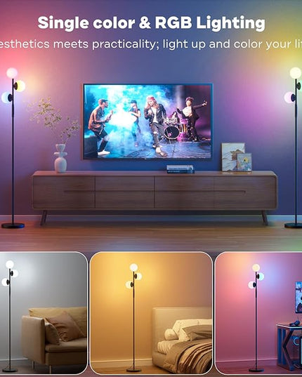 RGBCW Floor Lamp, 3 Globe Bright Color Changing RGB Standing Lamp with Remote, Modern Stepless Dimmable LED Tall Floor Lamps for Living Room Bedroom Office, 30W, 2700-6500K, Black - LeafyLoom