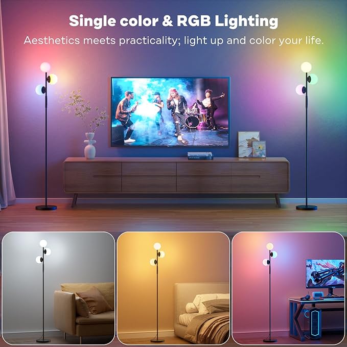 RGBCW Floor Lamp, 3 Globe Bright Color Changing RGB Standing Lamp with Remote, Modern Stepless Dimmable LED Tall Floor Lamps for Living Room Bedroom Office, 30W, 2700-6500K, Black - LeafyLoom