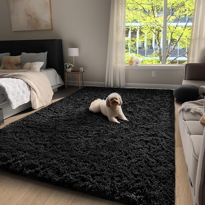 Ophanie Machine Washable Upgrade 4x6 Rugs for Bedroom, Black, Fluffy Shaggy Soft Area Rug, Non-Slip Indoor Floor Carpet for Living Room, Kids Boys Teen Dorm Home Decor Aesthetic, Nursery - LeafyLoom