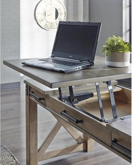 Signature Design by Ashley Aldwin Rustic Farmhouse 60" Home Office Lift Top Desk with Charging Ports, Distressed Gray - LeafyLoom