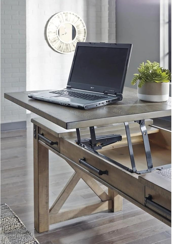 Signature Design by Ashley Aldwin Rustic Farmhouse 60" Home Office Lift Top Desk with Charging Ports, Distressed Gray - LeafyLoom