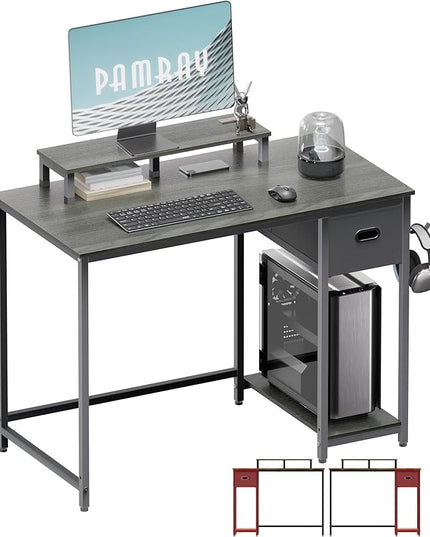 Pamray 39 Inch Computer Desk with Monitor Stand Small Home Office Desks with Non-Woven Storage Drawer for Bedroom Study Table Writing and Work Desk Espresso Gray,Gray Leg - LeafyLoom