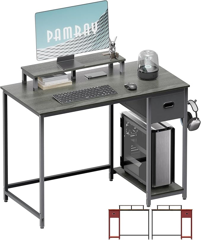 Pamray 39 Inch Computer Desk with Monitor Stand Small Home Office Desks with Non-Woven Storage Drawer for Bedroom Study Table Writing and Work Desk Espresso Gray,Gray Leg - LeafyLoom