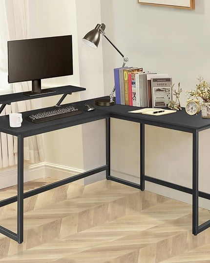 L Shape Computer Desk - Spacious 55 inch Corner Desk Home Office Desk Gaming Desk with Reversible Monitor Stand and Adjustable Feet, Easy Assembly, Black - LeafyLoom