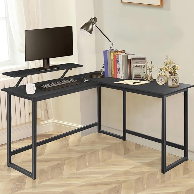 L Shape Computer Desk - Spacious 55 inch Corner Desk Home Office Desk Gaming Desk with Reversible Monitor Stand and Adjustable Feet, Easy Assembly, Black - LeafyLoom
