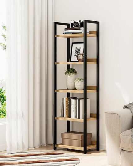 NUMENN Narrow Bookshelf, 5 Tier Bookshelves, Home Office Bookcase Shelf Storage Organizer, Free Standing Storage Shelving Unit for Bedroom, Living Room and Home Office, Natural - LeafyLoom