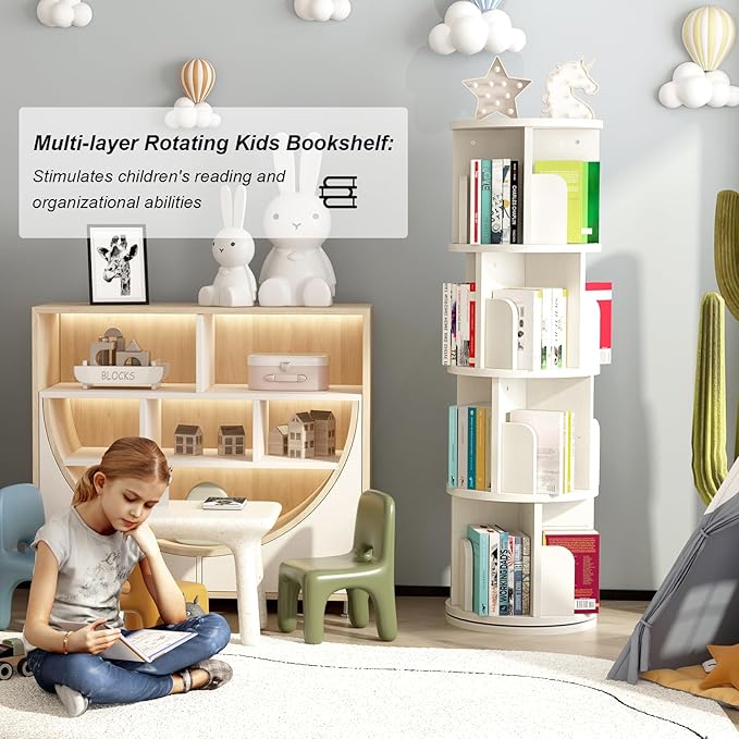 Rotating Bookshelf 51.2", White Wood Bookcase for Kids and Adults, 360 Display 4 Tier Small Corner Book Shelf Organizer, Floor Standing Storage Rack for Bedroom, Living Room, White - LeafyLoom